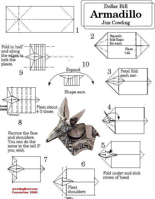 Cool Armadillo Dollar bill, so simple by just  squashing fold flaps on ears, petal fold each ear, fold under and sink crown of head, pleat the shoulders, narrow the face […]