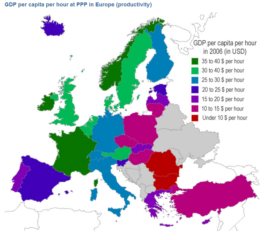 In 2006 in Europe we can see that the capita per hour rises incredibly. From under 10$ per hour to 40$
