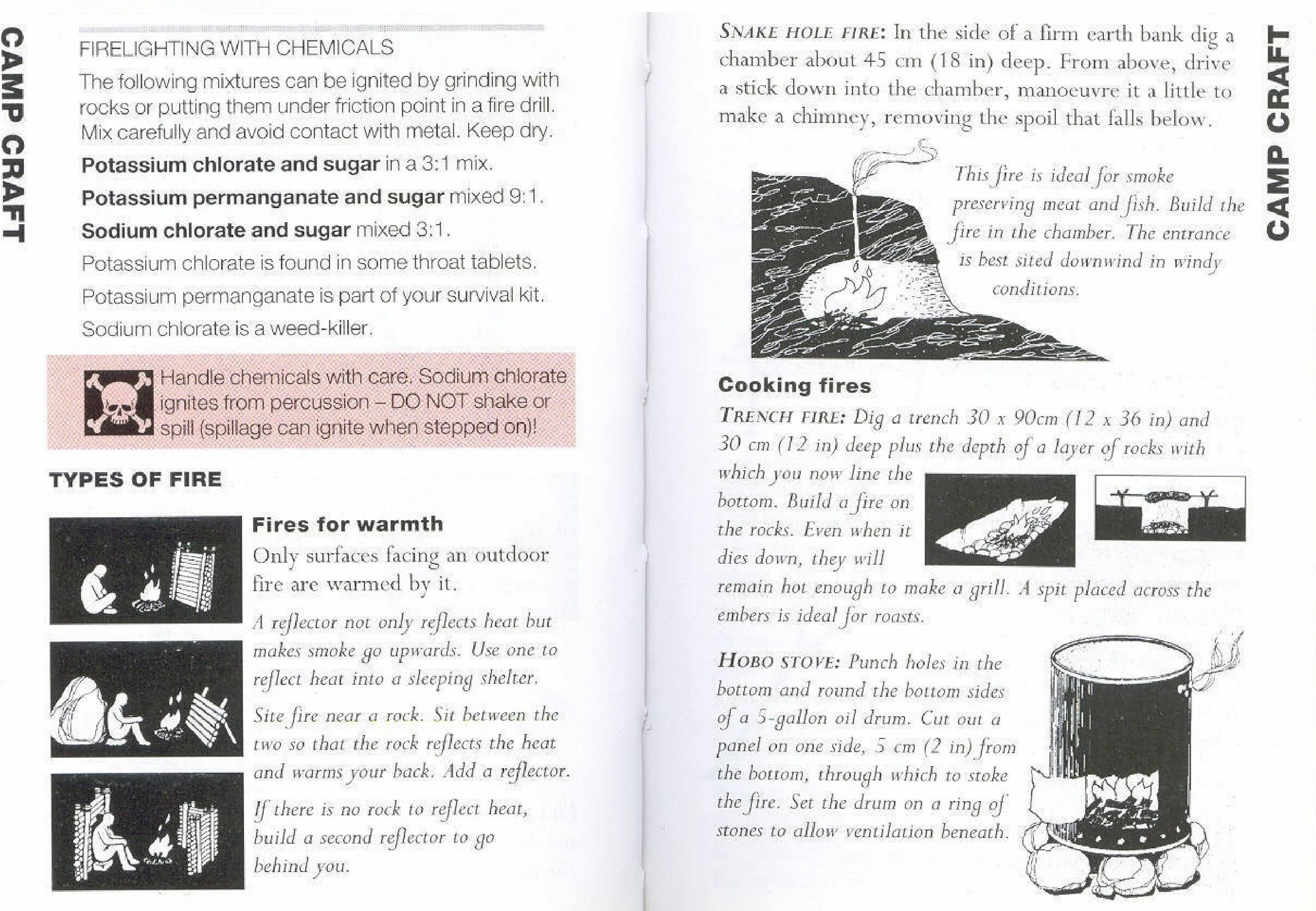 Firelighting with Chemicals: The mixture containing Potassium Chlorate and sugar, Potassium permanganate and sugar and sodum chlorate and sugar are the perfect mixtures for the Camp Craft.